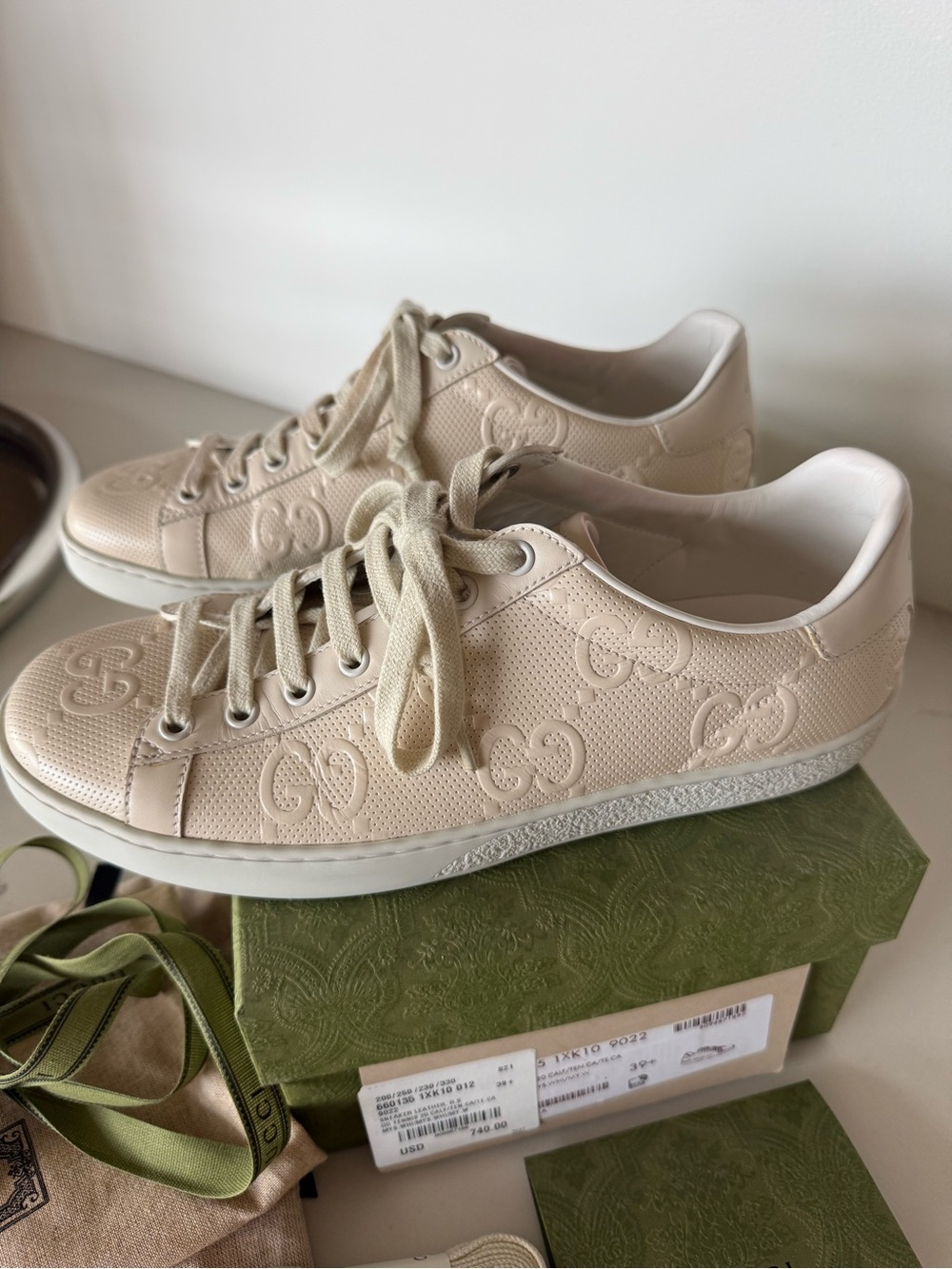 GUCCI Ace GG Ivory Leather Sneakers, 39.5